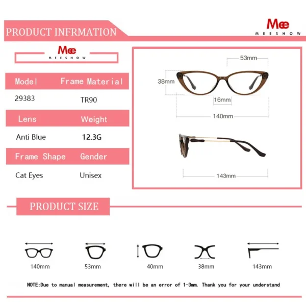 Meeshow 2025 Cat Eyes TR90 Myopia Glasses for Women Blue Light Blocking Reading Glasses Computer Prescription Eyeglasses 29383 - Image 5