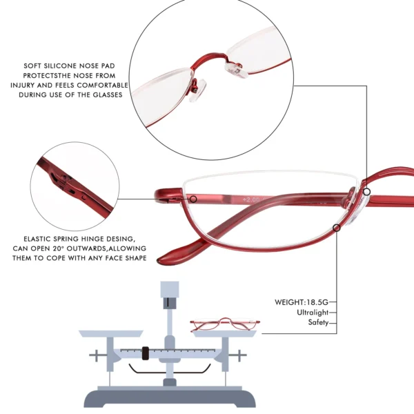 2pscMEESHOW Reading Glasses for Woman Half Rim Comfort Spring Hinges for Men metal presbyopia stylish glasses +1.75 +2.25 +3.5 - Image 4