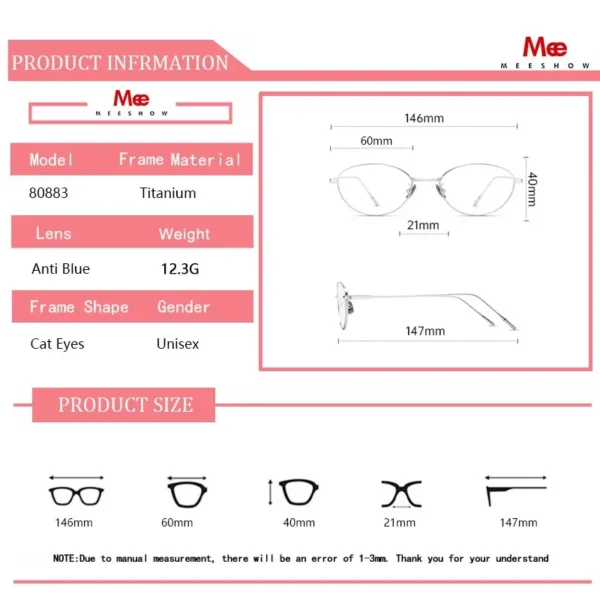 Meeshow Brand New Chic Eyeglasses Women's Blue Light Blocking Glasses Trend CAT EYE Lady's Titanium Prescription Small Eyewear - Image 2